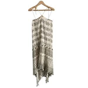 Lovestitch Mariel Boho‎ Dress Ivory Olive Halter Tie Back Hi Low Tassels Sz S/M